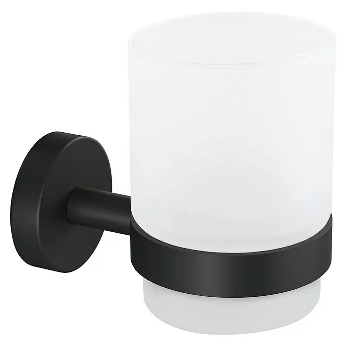 Tesa Moon Zahnputzbecher - Mit Halterung, Metall, Schwarz - Schwarzer Wandbecher für Zahnbürsten aus Metall mit satiniertem Glas. Für Badezimmer oder Gäste-WC.