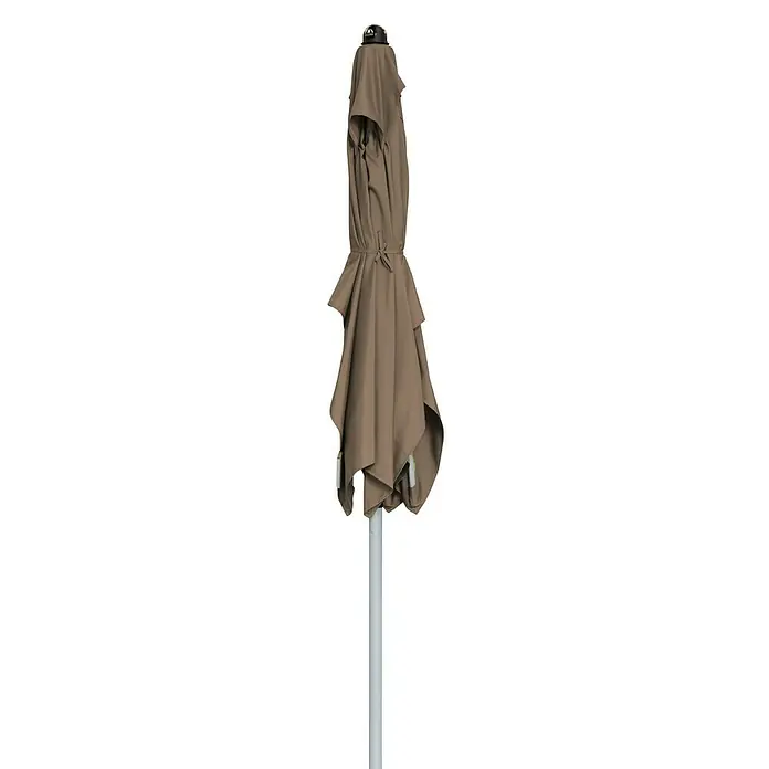 Doppler Active Marktschirm Auto Tilt - Greige, Bespannungsmaß (L x B): 300 x 200 cm - Ein geschlossener, brauner Sonnenschirm mit einem stabilen, weißen Mast, ideal für den Außenbereich, bietet Schatten und Schutz vor der Sonne.