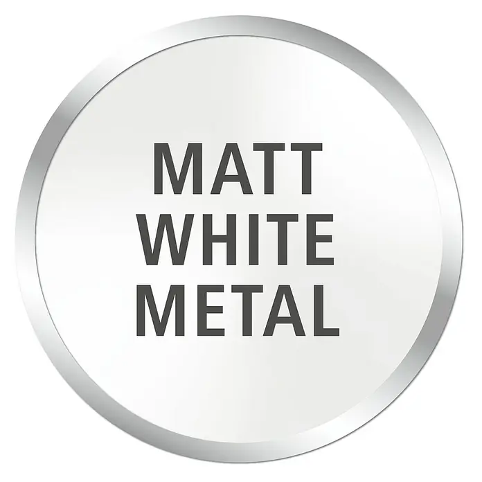 Tesa Moon Handtuchhalter - 2-armig, Weiß, Matt - Abzeichen mit der Aufschrift "Matt Weiß Metall" und silbernem Rand, das die Oberfläche und das Material des Produkts hervorhebt.