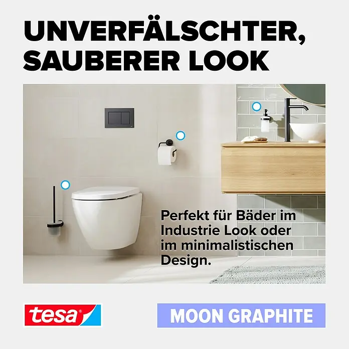 Tesa Moon Toilettenpapierhalter - Ohne Deckel, Graphit, Matt - Ein stilvolles Badezimmer mit klaren Linien und minimalistischem Design. Das Moon Graphite Zubehör fügt sich nahtlos ein.