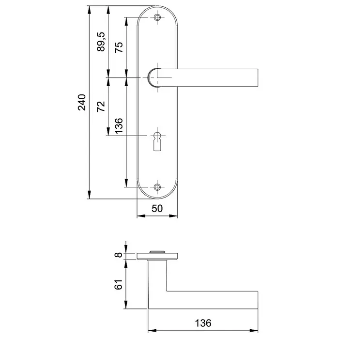 Portaferm Drückergarnitur - Stärke Tür: 35 mm - 45 mm, Aluminium, L-Form - Eine detaillierte Zeichnung einer Türklinke mit den Maßen 240mm Höhe, 50mm Breite und einer Grifflänge von 136mm. Präzise Angaben für Design und Fertigung.