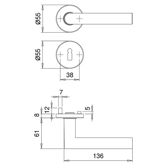 Portaferm Drückergarnitur - Stärke Tür: 35 mm - 45 mm, Aluminium - Technische Zeichnung eines Türgriffs mit Maßen. Das Design zeichnet sich durch seine klaren Linien und das zylindrische Griffstück aus.