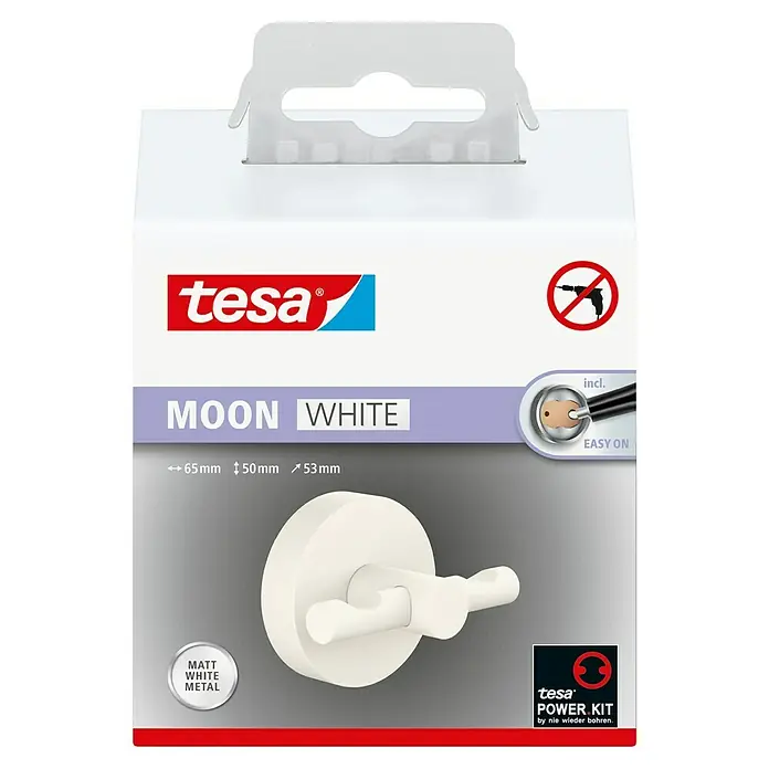 Tesa Moon Handtuchhaken - 2-armig, Weiß, Matt - Verpackung für einen weißen Tesa Moon Haken, aus mattem Metall, mit Power.Kit Technologie für eine einfache Montage ohne Bohren.