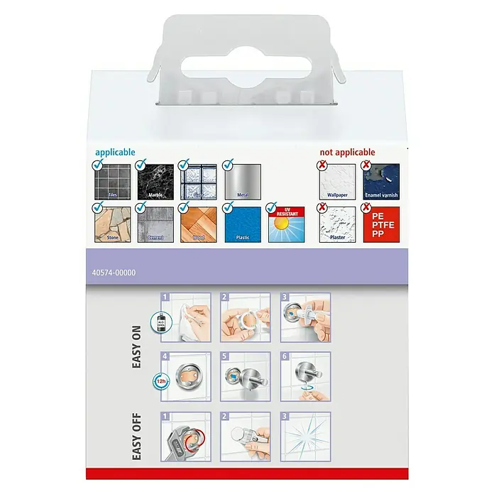 Tesa Moon Handtuchhaken - 2-armig, Weiß, Matt - Bild einer Produktverpackung, die die Anwendungsbereiche und Anweisungen für die einfache Montage und Demontage eines Badaccessoires zeigt.