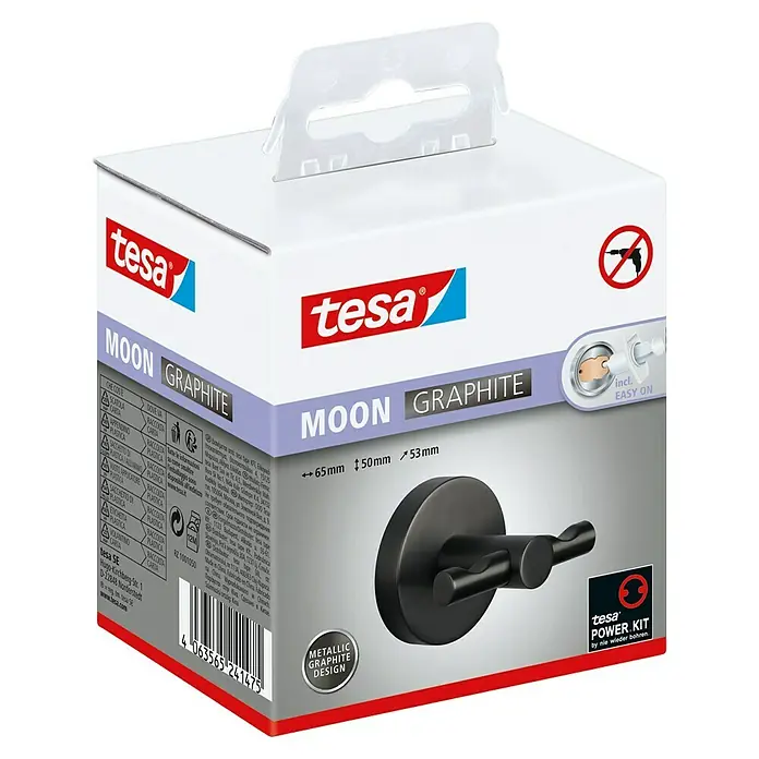 Tesa Moon Handtuchhaken - 2-armig, Graphit, Matt - Nahaufnahme der Verpackung eines Tesa Moon Graphite Wandhaken-Sets mit Power Kit für eine einfache, bohrerlose Montage.