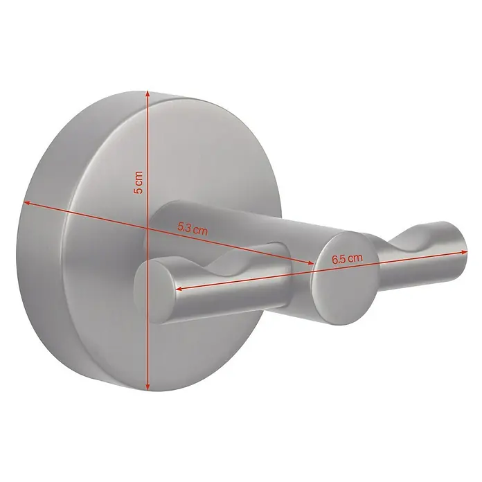 Tesa Moon Handtuchhaken - 2-armig, Graphit, Matt - Wandhaken aus Edelstahl mit zwei Armen und den Maßen 5 cm Höhe, 5,3 cm Breite und 6,5 cm Tiefe.