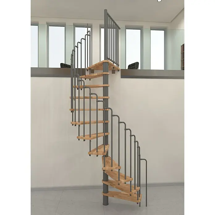 Minka Spindeltreppe Paris - Durchmesser: 140 cm, Grau, Farbe Stufen: Buche Natur, Geschosshöhe: 282 cm - Eine elegante Wendeltreppe aus Holz und Metall, die sich spiralförmig nach oben windet und ein modernes Raumdesign ergänzt.