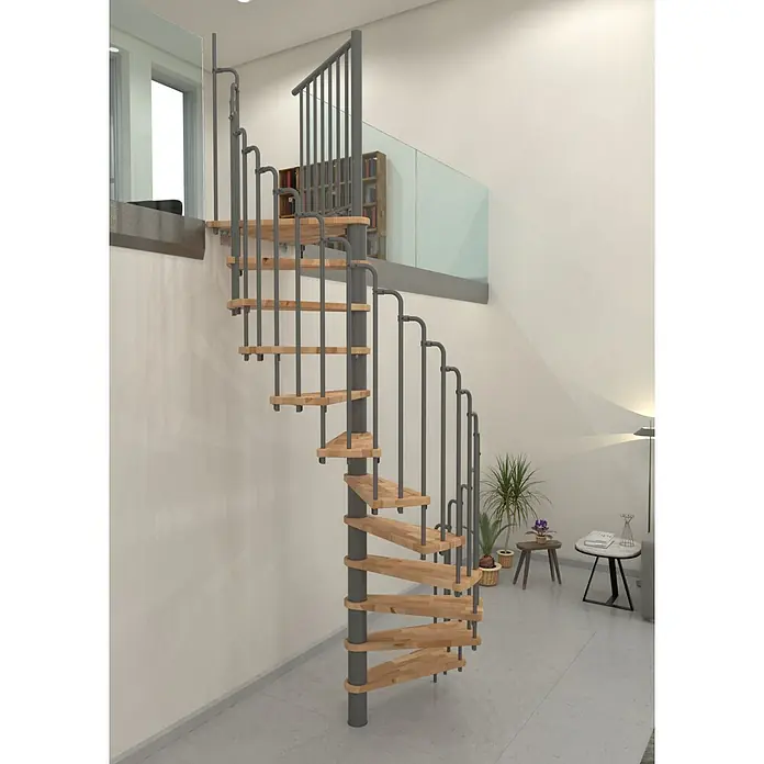 Minka Spindeltreppe Paris - Durchmesser: 140 cm, Grau, Farbe Stufen: Buche Natur, Geschosshöhe: 282 cm - Elegante Wendeltreppe mit Holzstufen und grauem Metallgeländer, ein stilvolles architektonisches Element für moderne Innenräume.