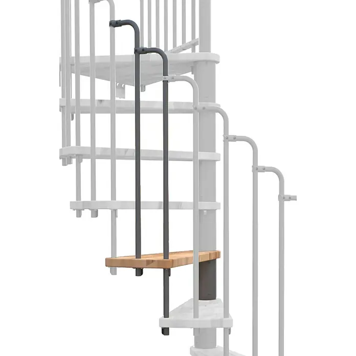 Minka Höhenerweiterung Paris - Grau, Passend für: Minka Spindeltreppe Paris - Detailaufnahme einer Spindeltreppe mit einer robusten Holzstufe und grauem Geländer, ideal für moderne Innenräume.
