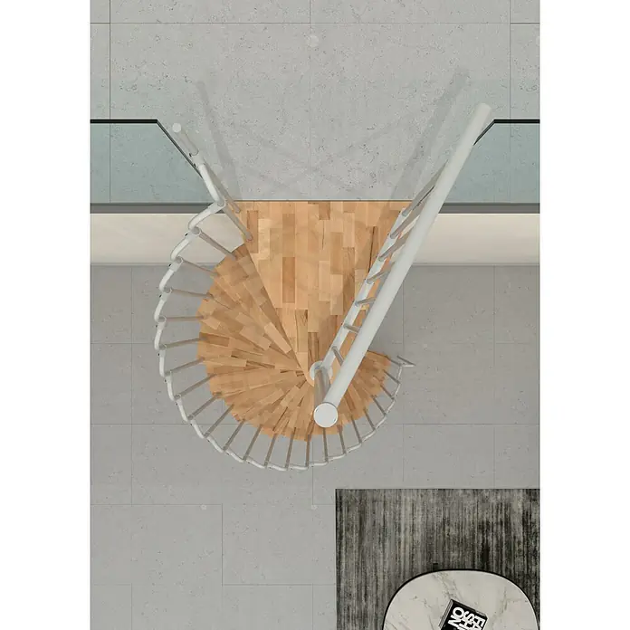 Minka Spindeltreppe Paris - Durchmesser: 140 cm, Weiß, Farbe Stufen: Buche Natur, Geschosshöhe: 282 cm - Eine Draufsicht einer modernen Wendeltreppe aus Holz mit weißen Geländern, die Eleganz und Funktionalität vereint.