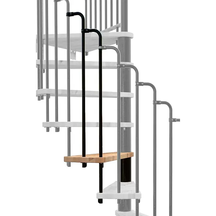 Minka Höhenerweiterung Paris - Schwarz, Passend für: Minka Spindeltreppe Paris - Nahaufnahme einer Spindeltreppe mit schwarzem Geländer und Holzstufe, die einen modernen und eleganten Look erzeugt.