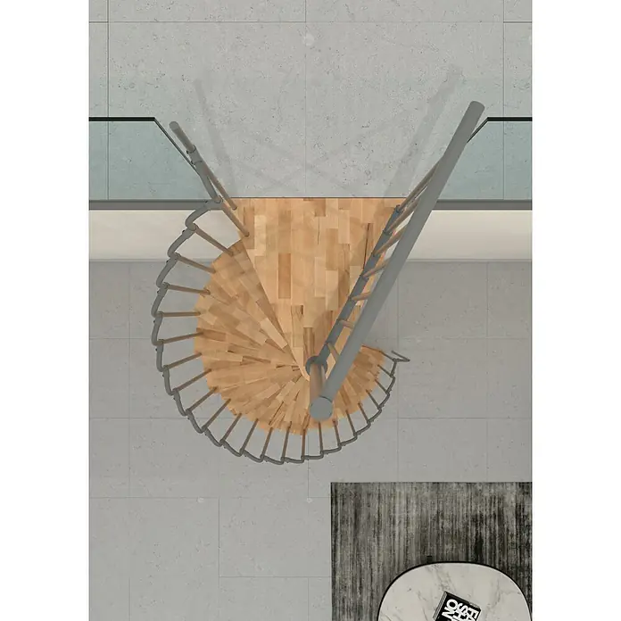Minka Spindeltreppe Paris - Durchmesser: 140 cm, Grau, Farbe Stufen: Buche Natur, Geschosshöhe: 282 cm - Draufsicht einer Holzwendeltreppe mit grauem Geländer, die sich elegant in das moderne Interieur einfügt.