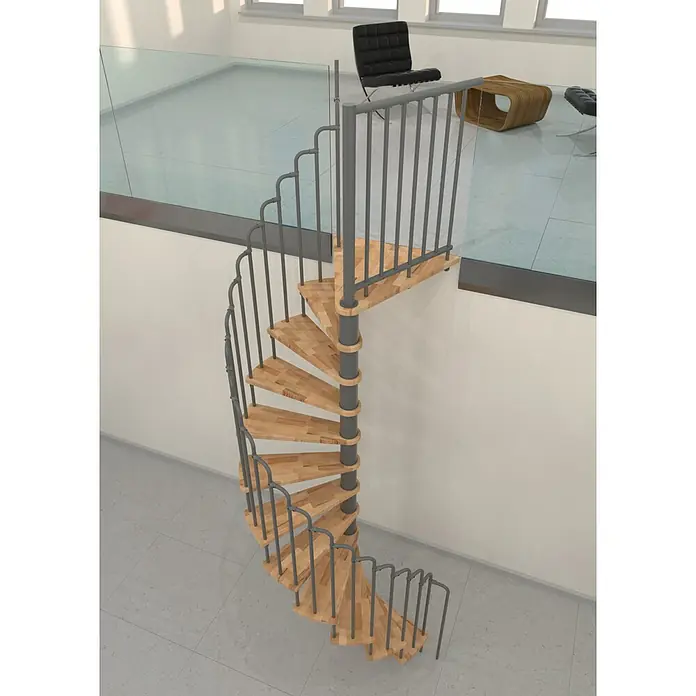 Minka Spindeltreppe Paris - Durchmesser: 140 cm, Grau, Farbe Stufen: Buche Natur, Geschosshöhe: 282 cm - Eine elegante Wendeltreppe aus Holz und Metall. Das Design ist modern und passt gut in helle Räume mit großen Fenstern.