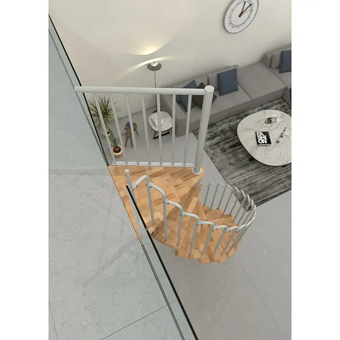 Minka Spindeltreppe Paris - Durchmesser: 140 cm, Weiß, Farbe Stufen: Buche Natur, Geschosshöhe: 282 cm - Luftaufnahme einer Wendeltreppe aus Holz mit weißem Geländer in einem modernen Wohnraum.