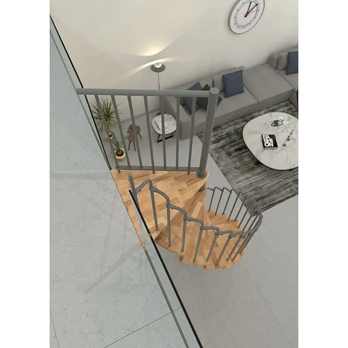 Minka Spindeltreppe Paris - Durchmesser: 140 cm, Grau, Farbe Stufen: Buche Natur, Geschosshöhe: 282 cm - Eine elegante Wendeltreppe aus Holz mit einem grauen Geländer in einem modern eingerichteten Wohnzimmer.
