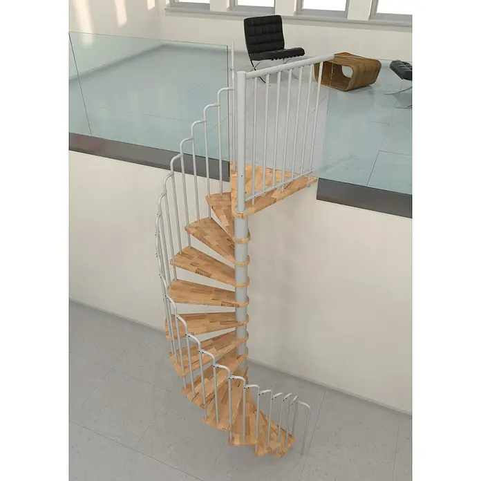 Minka Spindeltreppe Paris - Durchmesser: 140 cm, Weiß, Farbe Stufen: Buche Natur, Geschosshöhe: 282 cm - Eine elegante Wendeltreppe aus Holz und Metall fügt sich nahtlos in ein modernes Interieur ein. Die Treppe ist ein echter Hingucker.
