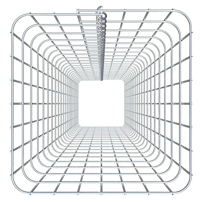 Gabiona Gabionensäule - 37 x 37 x 210 cm, Metall, Maschenbreite: 50 mm, Maschenhöhe: 100 mm - Blick durch einen Tunnel aus Drahtgittern, der eine faszinierende Perspektive und ein Gefühl von Tiefe erzeugt.