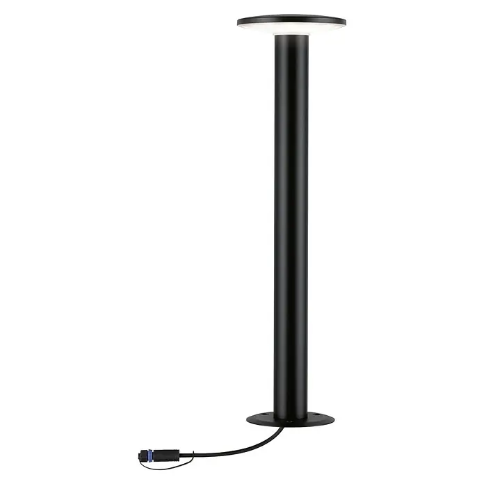 Paulmann Plug & Shine LED-Außenleuchte Plate - 6 W, Warmweiß, IP44, Farbtemperatur: 3.000 K - Eine moderne, schwarze Pollerleuchte mit einem runden, leuchtenden Kopf, ideal für die Beleuchtung von Wegen und Gärten.