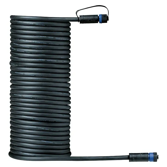 Paulmann Plug & Shine Verbindungskabel - Länge: 10 m, IP68 - Aufgerolltes schwarzes Stromkabel mit blauem Stecker an beiden Enden, ideal für zuverlässige und sichere Stromversorgung.