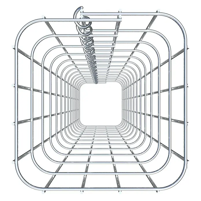 Gabiona Gabionensäule - 22 x 22 x 130 cm, Metall, Maschenbreite: 50 mm, Maschenhöhe: 100 mm - Blick durch einen Tunnel aus rechteckigen, verspiegelten Metallrahmen, die ein futuristisches und modernes Design verkörpern.