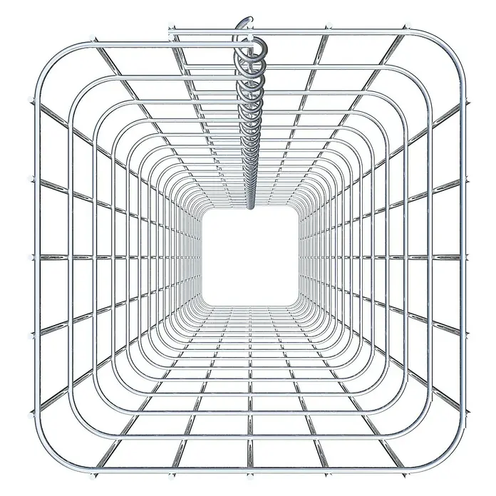 Gabiona Gabionensäule - 27 x 27 x 180 cm, Metall, Maschenbreite: 50 mm, Maschenhöhe: 100 mm - Ansicht eines rechteckigen Drahttunnels, der durch Perspektive in der Ferne kleiner wirkt. Eine Drahtspirale hängt in der Mitte.