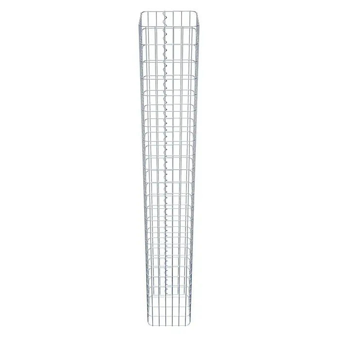 Gabiona Gabionensäule32 x 32 x 230 cm, Metall, Maschenbreite: 50 mm, Maschenhöhe: 100 mm - Gitterstruktur eines Gabionenkorbs. Der Drahtkorb ist leer und bereit zur Befüllung mit Steinen, um eine Stützmauer oder dekoratives Element zu schaffen.