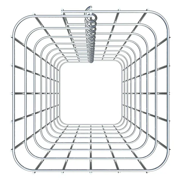 Gabiona Gabionensäule - 27 x 27 x 80 cm, Metall, Maschenbreite: 50 mm, Maschenhöhe: 100 mm - Blick in einen quadratischen Duschvorhangring aus Metall, der an einer Spirale hängt und ein modernes und minimalistisches Badezimmerdesign betont.