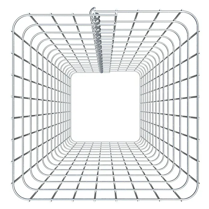 Gabiona Gabionensäule42 x 42 x 140 cm, Metall, Maschenbreite: 50 mm, Maschenhöhe: 100 mm - Drahtrahmenstruktur: Ein perspektivisches Bild eines würfelförmigen Drahtrahmens, der einen tunnelartigen Effekt erzeugt.