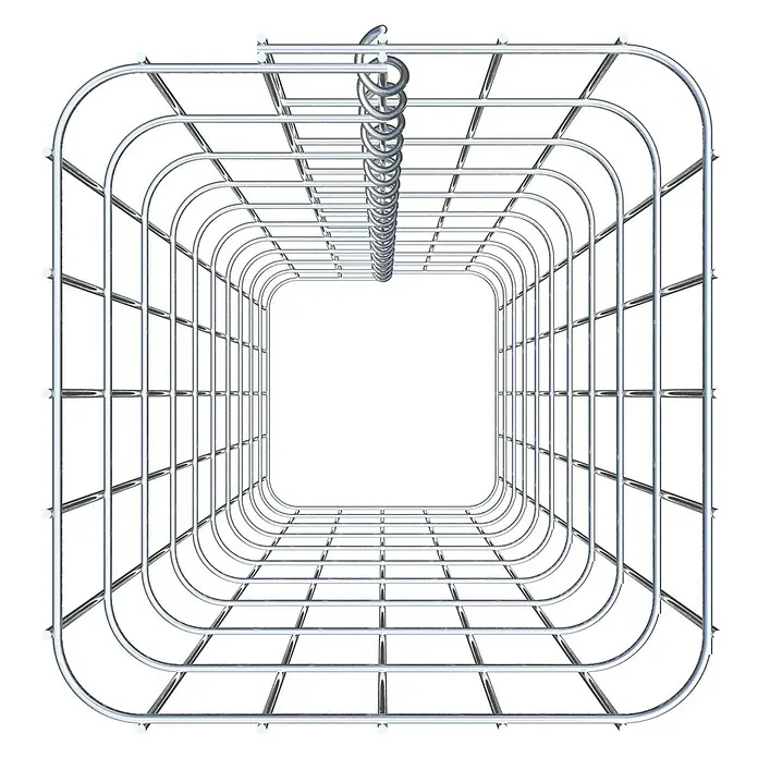 Gabiona Gabionensäule - 27 x 27 x 100 cm, Metall, Maschenbreite: 50 mm, Maschenhöhe: 100 mm - Perspektive nach oben in einen verchromten Wäschekorb mit rundem Stahlrahmen und Wäscheleine. Für Badezimmer oder Waschküche.