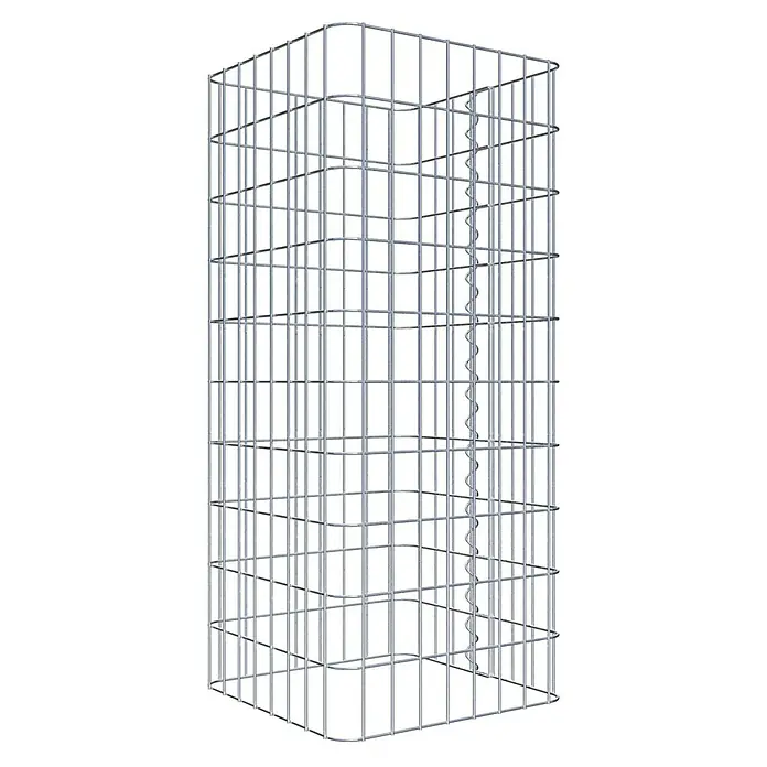 Gabiona Gabionensäule - 42 x 42 x 100 cm, Metall, Maschenbreite: 50 mm, Maschenhöhe: 100 mm - Ein detailreiches Bild eines Gabionenkorbs, der aus stabilen, silberfarbenen Metalldrähten gefertigt ist und eine robuste Struktur für den Außenbereich bietet.