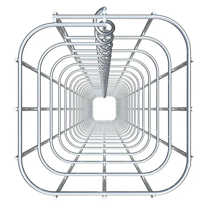 Gabiona Gabionensäule - 17 x 17 x 210 cm, Metall, Maschenbreite: 50 mm, Maschenhöhe: 100 mm - Metallgittertunnel: Perspektivische Aufnahme eines quadratischen Tunnels aus glänzendem Metallgitter, der sich in der Ferne zu einem hellen Punkt verjüngt.