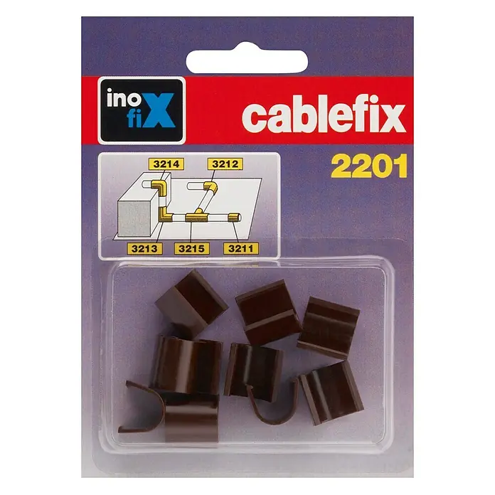 Inofix Cablefix Pieza de unión para canaleta 2201 - Marrón, 10 ud., An x Al: 0,8 x 0,7 cm - Paquete de clips de cable Cablefix 2201 de Ino-fix, marrón, para sujetar cables, con instrucciones para instalar diferentes recorridos de cable.