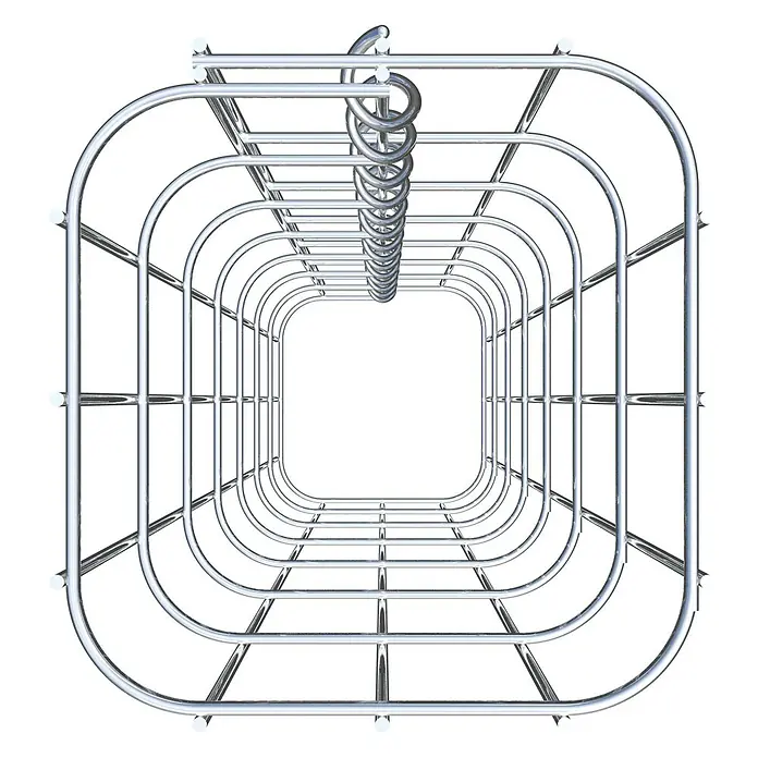Gabiona Gabionensäule - 17 x 17 x 70 cm, Metall, Maschenbreite: 50 mm, Maschenhöhe: 100 mm - Perspektive in einen Rahmenstrukturtunnel, der aus glänzendem Metall mit runden Ecken und einer spiralförmigen Oberseite besteht.