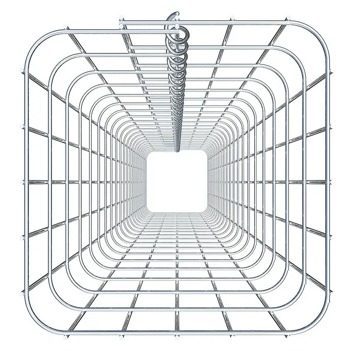Gabiona Gabionensäule - 27 x 27 x 210 cm, Metall, Maschenbreite: 50 mm, Maschenhöhe: 100 mm - Draufsicht eines verchromten Metallstrukturtunnels, der einen perspektivischen und abstrakten Effekt erzeugt.