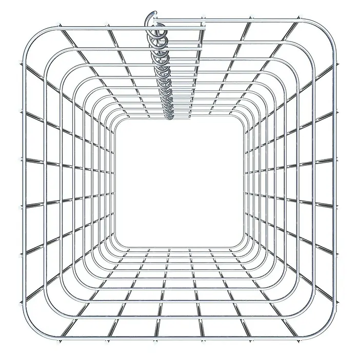 Gabiona Gabionensäule - 32 x 32 x 90 cm, Metall, Maschenbreite: 50 mm, Maschenhöhe: 100 mm - Perspektivische Aufnahme eines leeren, quadratischen Wäschekorbs aus Chrom mit Aufhängevorrichtung an der Oberseite.