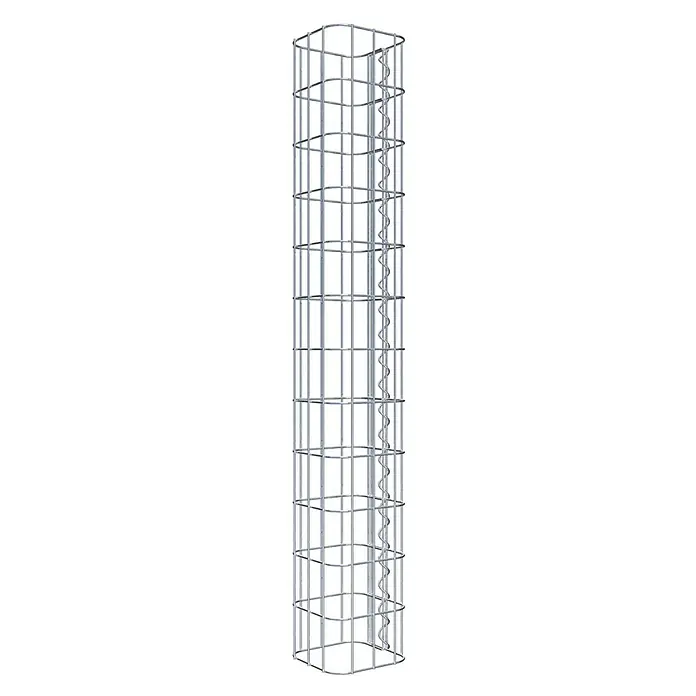 Gabiona Gabionensäule - 17 x 17 x 120 cm, Metall, Maschenbreite: 50 mm, Maschenhöhe: 100 mm - Das Bild zeigt eine hohe, silberfarbene Pflanzstütze aus Metall mit quadratischem Gittermuster und einer spiralförmigen Stange an der Seite.