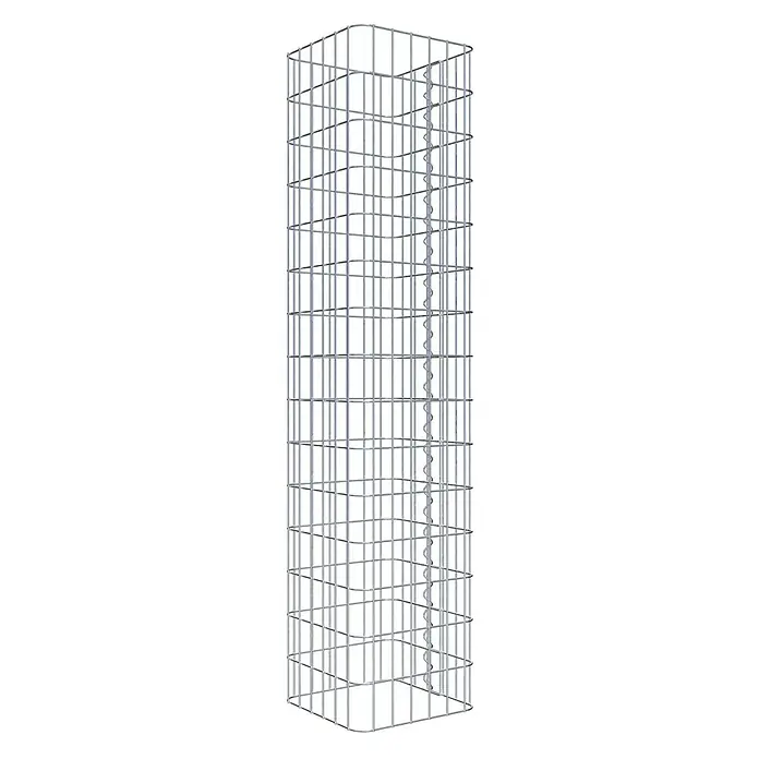 Gabiona Gabionensäule - 32 x 32 x 150 cm, Metall, Maschenbreite: 50 mm, Maschenhöhe: 100 mm - Das Bild zeigt eine Gabione, einen Drahtkorb, der oft für den Garten- und Landschaftsbau verwendet wird, mit stabilen Querstreben.