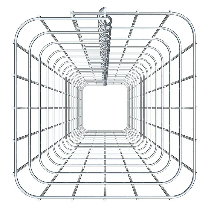 Gabiona Gabionensäule - 27 x 27 x 160 cm, Metall, Maschenbreite: 50 mm, Maschenhöhe: 100 mm - Perspektive in einen Tunnel aus verchromtem Metallgeflecht mit einer Spirale in der Decke, der in der Ferne in einem hellen Punkt endet.