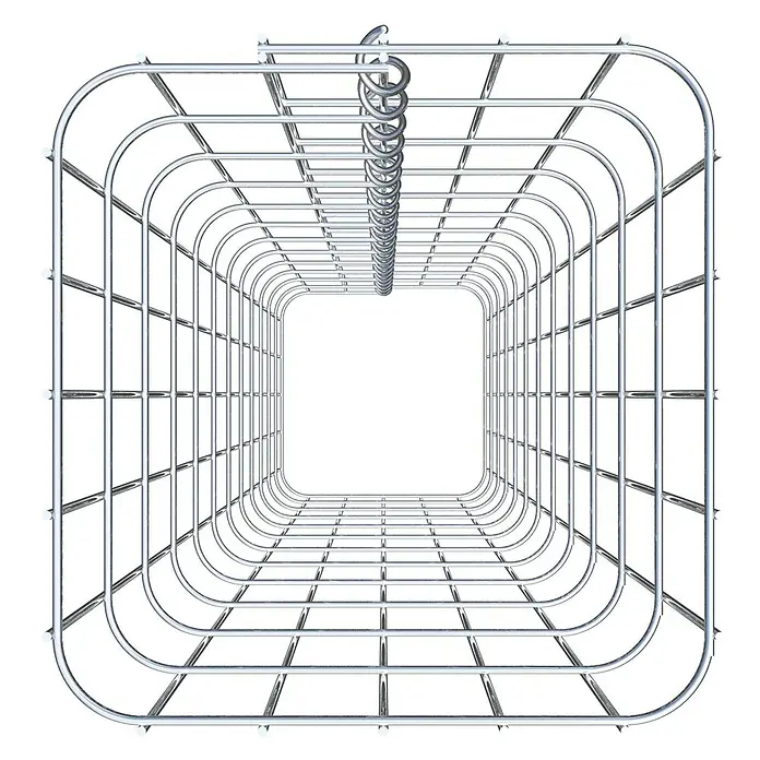 Gabiona Gabionensäule - 27 x 27 x 120 cm, Metall, Maschenbreite: 50 mm, Maschenhöhe: 100 mm - Perspektive in einen quadratischen Duschvorhangring aus Metall mit Aufhängeringen.