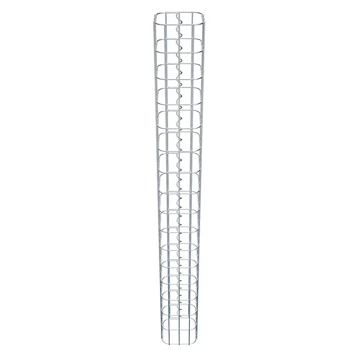 Gabiona Gabionensäule - 17 x 17 x 160 cm, Metall, Maschenbreite: 50 mm, Maschenhöhe: 100 mm - Das Bild zeigt eine hohe, zylindrische Tomatenstütze aus silberfarbenem Metall mit einer spiralförmigen Stütze in der Mitte.