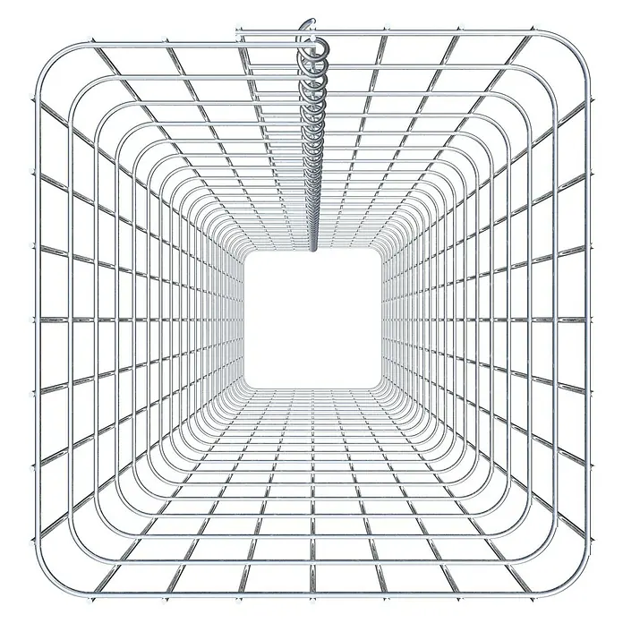 Gabiona Gabionensäule - 37 x 37 x 220 cm, Metall, Maschenbreite: 50 mm, Maschenhöhe: 100 mm - Abbildung eines Drahtwürfels, der einen dreidimensionalen Tunnel bildet, der sich ins Unendliche erstreckt und so ein abstraktes visuelles Erlebnis bietet.