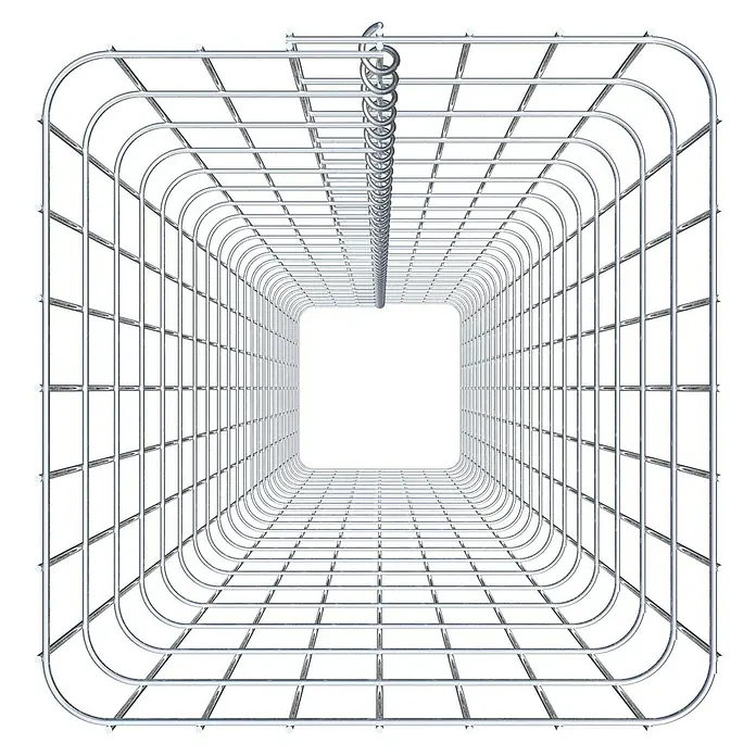 Gabiona Gabionensäule - 37 x 37 x 230 cm, Metall, Maschenbreite: 50 mm, Maschenhöhe: 100 mm - Perspektive in einen hellen, rechteckigen Tunnel, dessen Wände aus einem filigranen, silbernen Metallgitter bestehen.