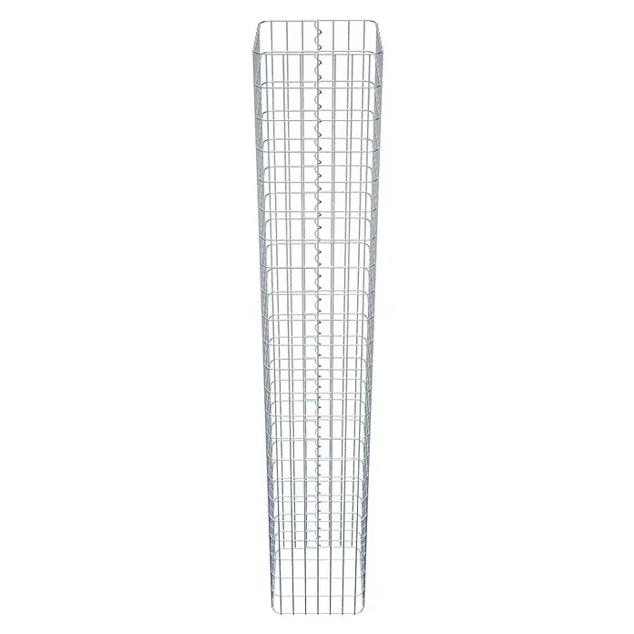 Gabiona Gabionensäule - 37 x 37 x 230 cm, Metall, Maschenbreite: 50 mm, Maschenhöhe: 100 mm - Das Bild zeigt eine Gabione, einen Drahtkorb, der typischerweise für Landschaftsbau und Erosionsschutz verwendet wird. Die Gabione ist leer und bereit zur Befüllung.