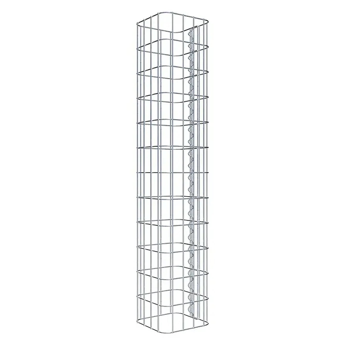 Gabiona Gabionensäule - 22 x 22 x 120 cm, Metall, Maschenbreite: 50 mm, Maschenhöhe: 100 mm - Eine Gabione in Säulenform aus silberfarbenem Drahtgeflecht mit spiralförmiger Verstärkung in der Mitte. Ideal für den Gartenbau.