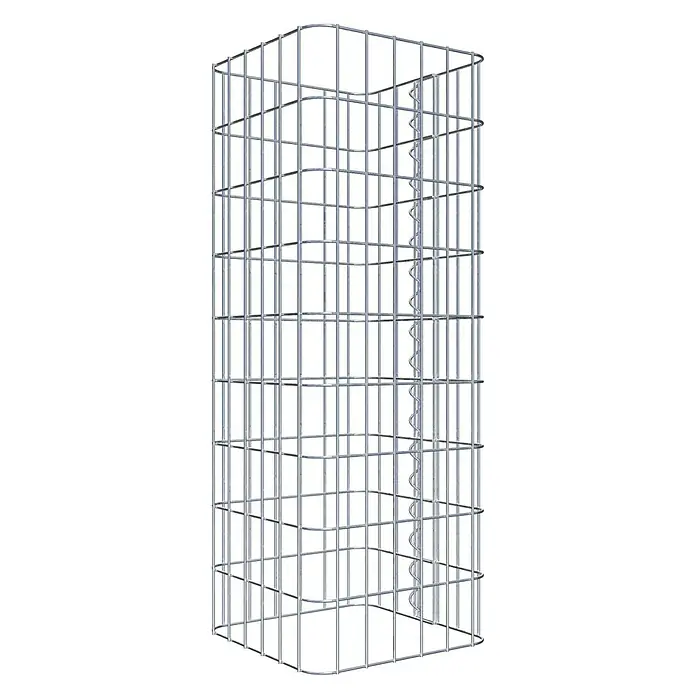 Gabiona Gabionensäule - 32 x 32 x 90 cm, Metall, Maschenbreite: 50 mm, Maschenhöhe: 100 mm - Das Bild zeigt einen Gabionenkorb, ein Drahtgitterbehältnis, das typischerweise für den Bau von Stützmauern oder dekorativen Elementen verwendet wird.