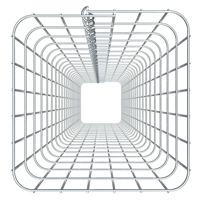 Gabiona Gabionensäule - 32 x 32 x 210 cm, Metall, Maschenbreite: 50 mm, Maschenhöhe: 100 mm - Perspektivische Darstellung eines Wäschekorbs aus Draht, der sich in einem Tunneldesign erstreckt, ideal für Wäscheorganisation.