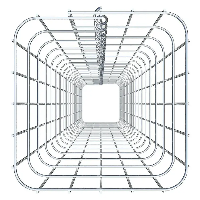 Gabiona Gabionensäule - 27 x 27 x 190 cm, Metall, Maschenbreite: 50 mm, Maschenhöhe: 100 mm - Perspektive in einen modernen Wäschekorb aus Chromstahl mit spiralförmigen Details, der sich ideal für stilvolle Wäschelösungen eignet.