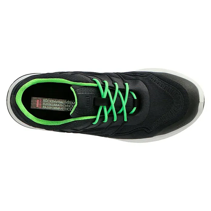Steitz Secura Sicherheitshalbschuh CP 4380 SF - 42, Schutzklasse nach EN ISO 20345: S3, Blau/Neon - Ansicht von oben auf einen schwarzen Schuh mit grünen Schnürsenkeln und weißer Sohle.