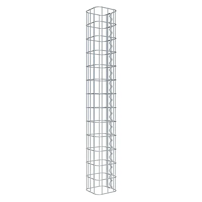 Gabiona Gabionensäule - 17 x 17 x 130 cm, Metall, Maschenbreite: 50 mm, Maschenhöhe: 100 mm - Metallstruktur: Eine hohe, rechteckige Metallstruktur mit regelmäßigen horizontalen Verstrebungen und einer spiralförmigen seitlichen Verstärkung.
