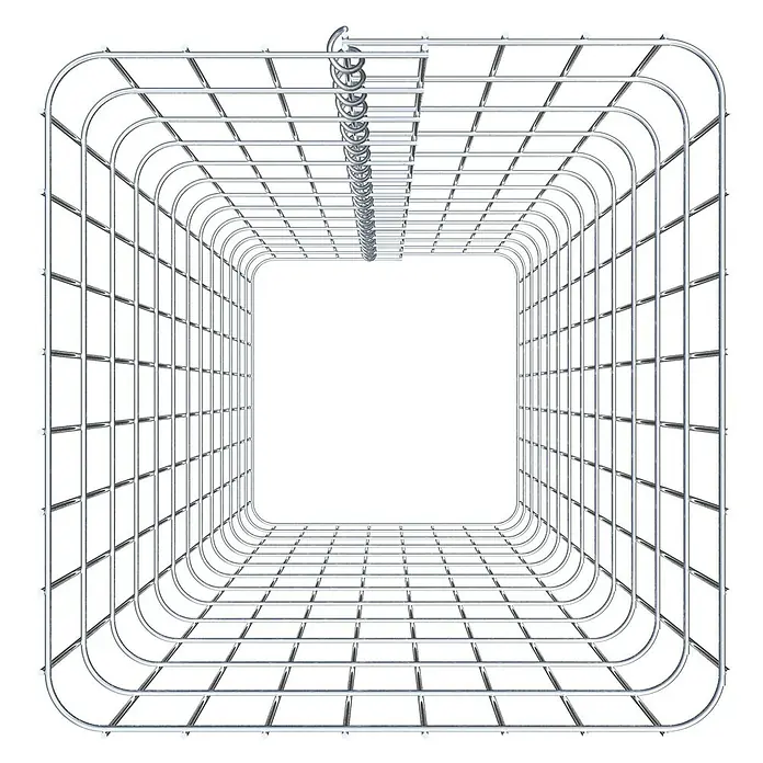 Gabiona Gabionensäule - 42 x 42 x 130 cm, Metall, Maschenbreite: 50 mm, Maschenhöhe: 100 mm - Draufsicht eines rechteckigen Chrom-Metallgitters, das ein Gefühl von Tiefe und Struktur vermittelt. Ideal für moderne Designs.